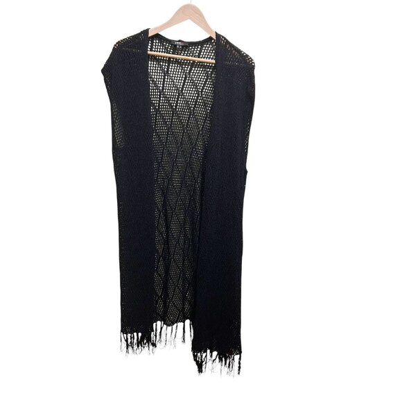 Vintage Black Crochet Knit Fringed Long Line Open Front Vest Size 14W - Picture 1 of 8